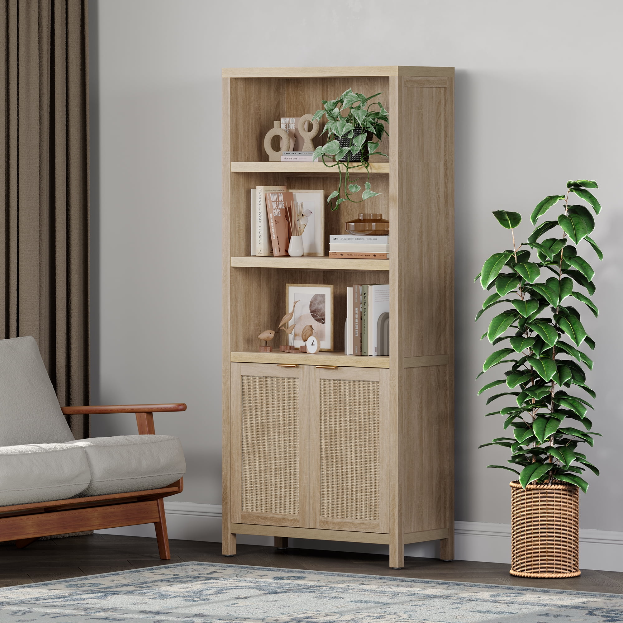 SICOTAS Rattan 5 Tier Bookcase Set, Natural 5 Shelf Library Bookcase for Home Office