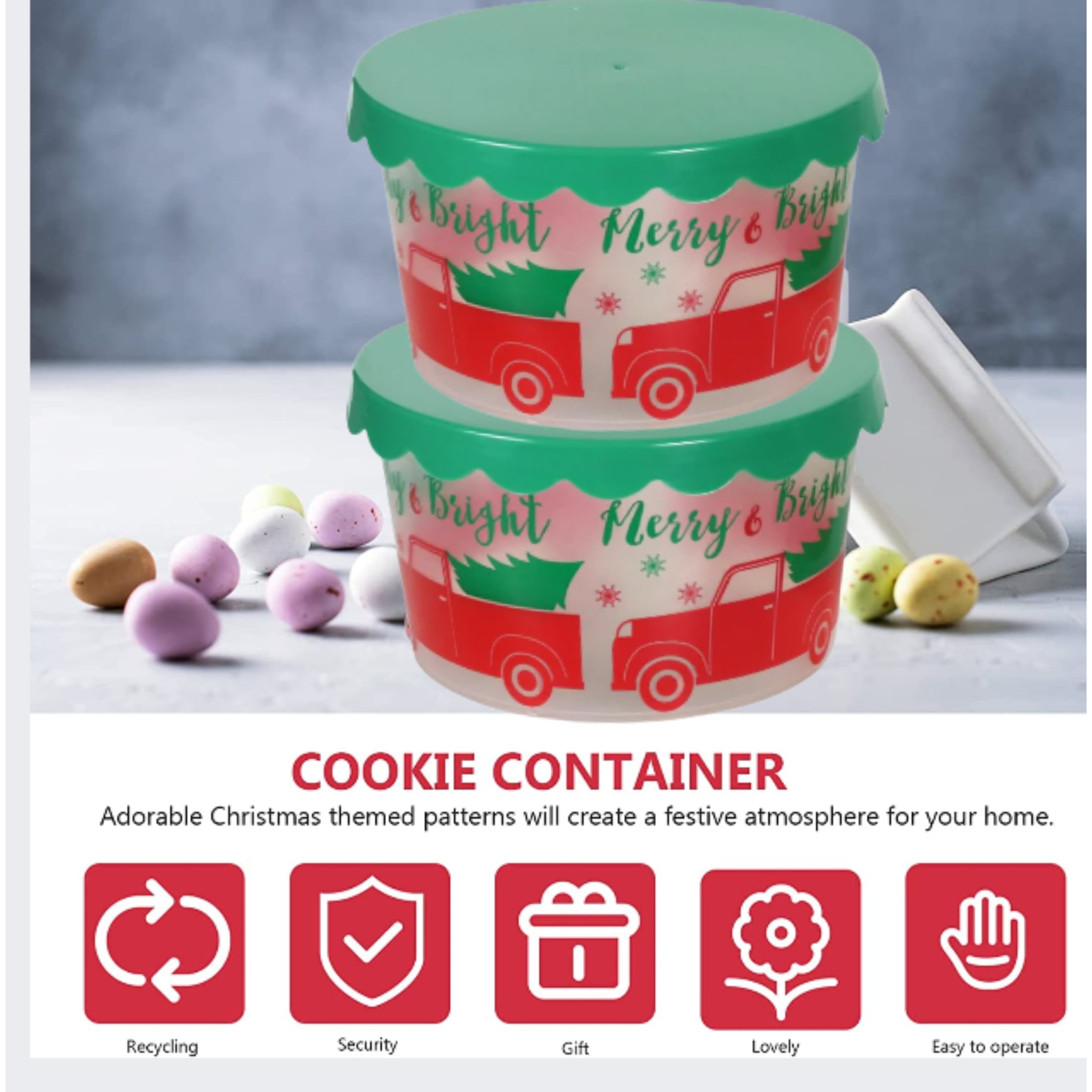 Christmas Containers for Holiday Cookies Candy and Treats with Lids-Light  weight and Stackable Bundle of 2 Plastic Jars