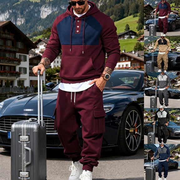 Fewfanhot Sweatsuits for Men Hoodies Button Collar Drawstring Hooded Pullover Sweatshirt Casual Long Sleeve Tops Shirts