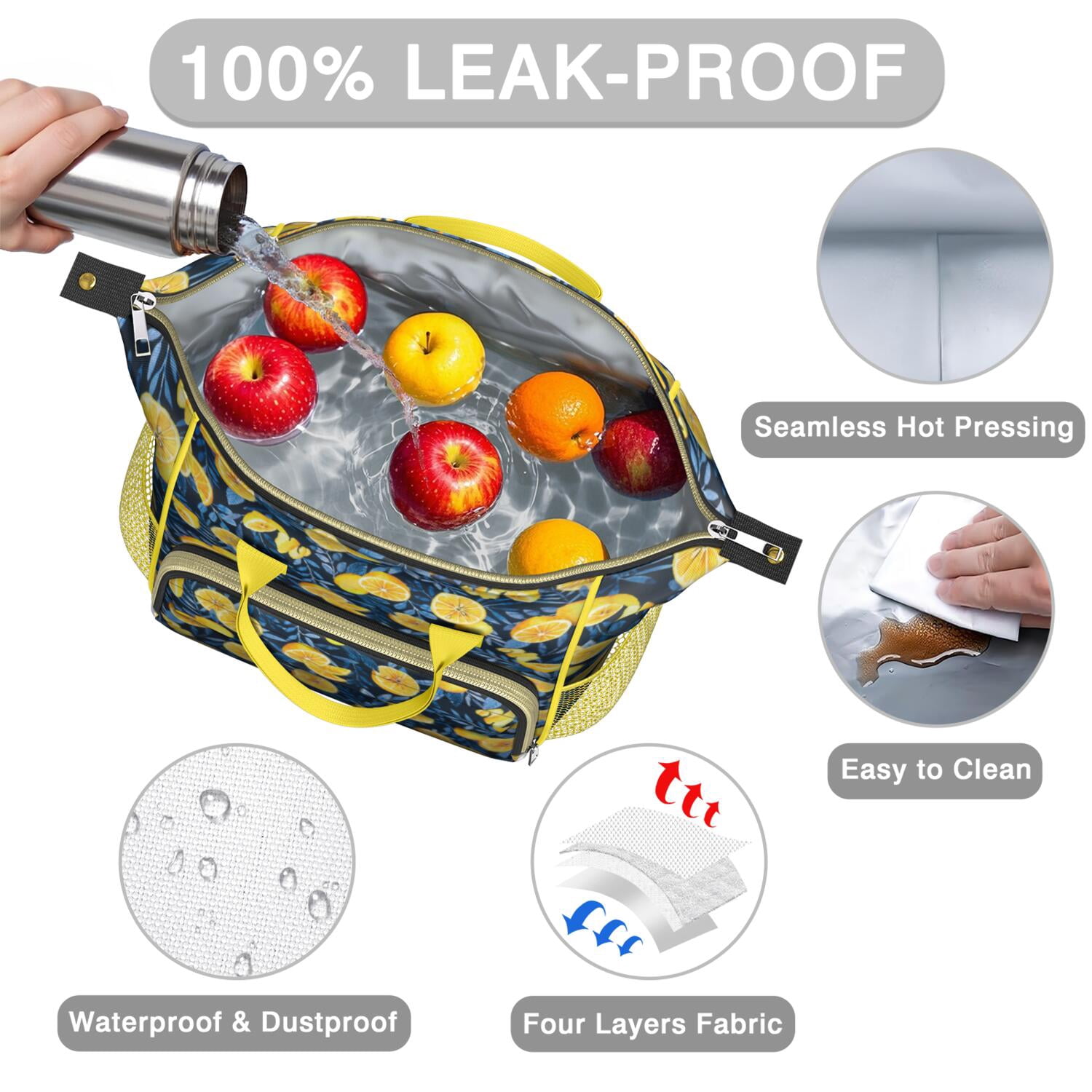 Modern Lemon & Floral Insulated Tote Bag - 100% Leakproof Thermal Lunch Box for Office Workers, Students, Fitness Enthusiasts