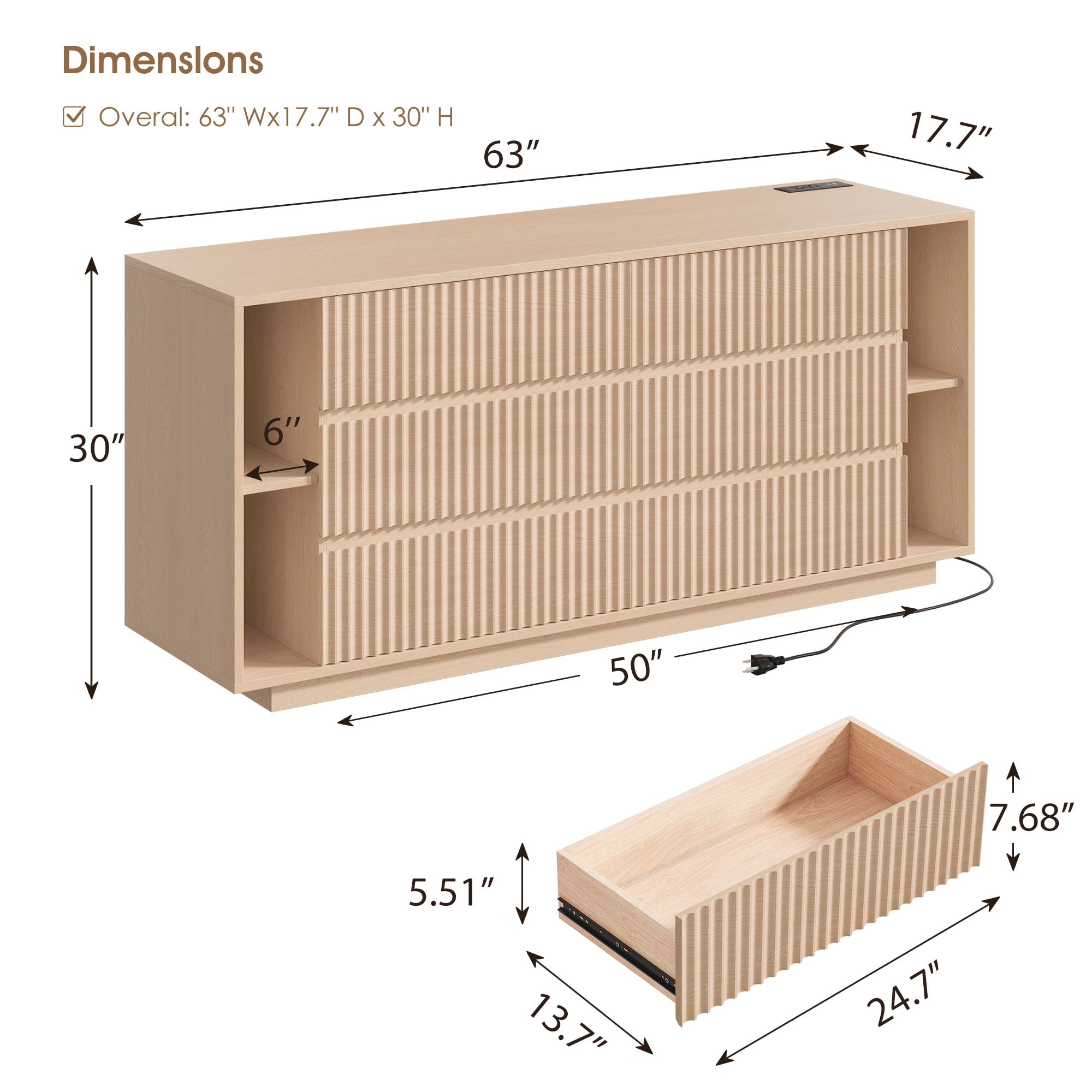Fluted 6 Drawer Dresser with Shelves, 63'' Wide Bedroom Chest of Drawers, Natural Oak