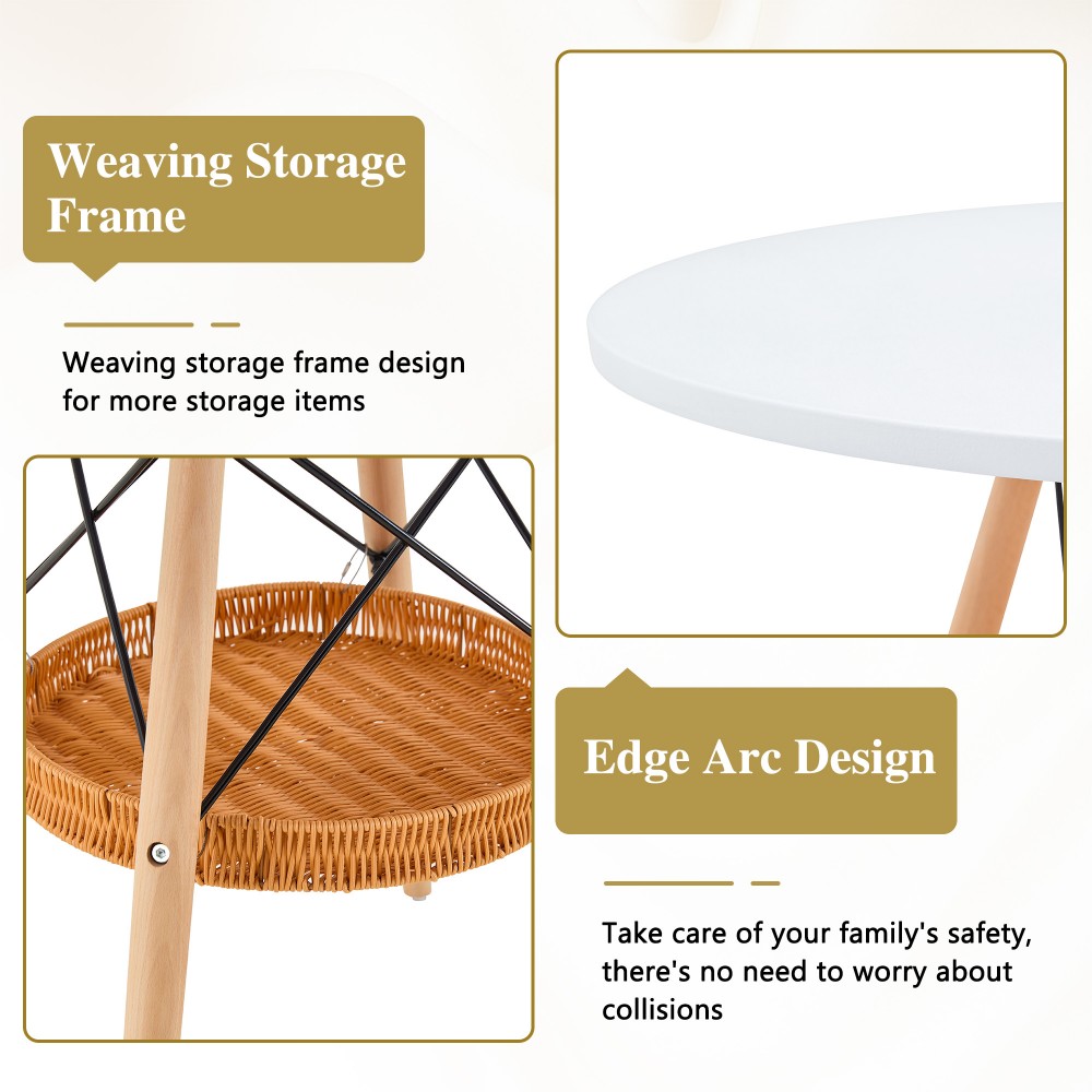 31.5" Round Dining Table, White MDF Vacuum-Formed Tabletop with Solid Wood Legs, Woven Storage Basket, Modern Kitchen Table for 2-4