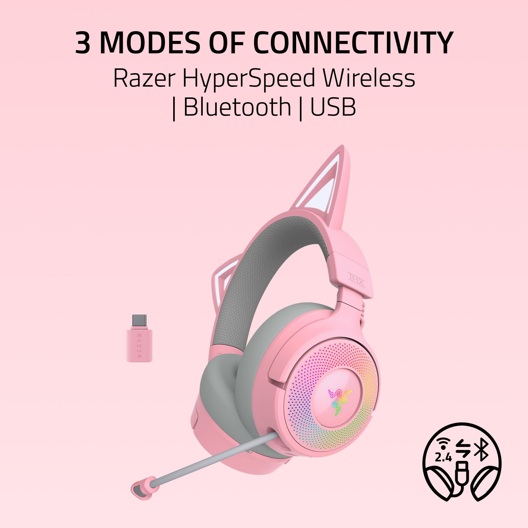 Razer Kraken Kitty V3 Pro Wireless RGB Kitty Headset for Gaming and Streaming, Quartz