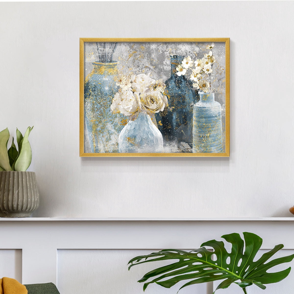 Vessels and Blooms Blues by Nan - Restickable Framed Giclée Print