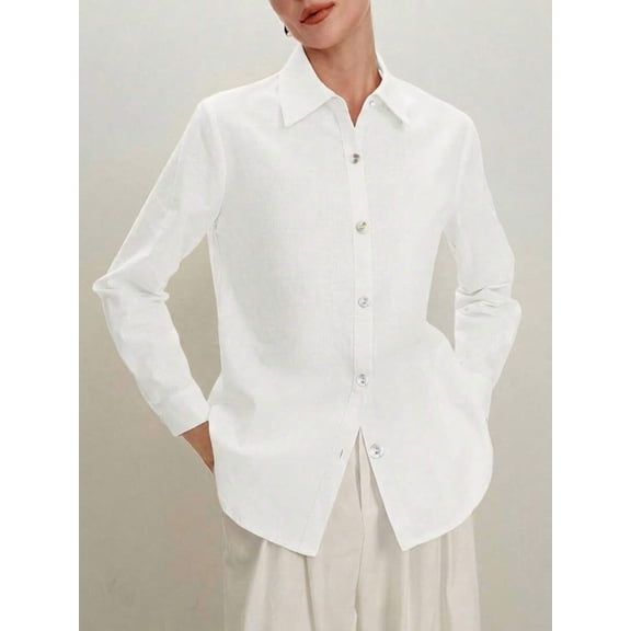 Women's White Button-Down Shirt, Lapel Collar Single-Breasted Slim Fit Top