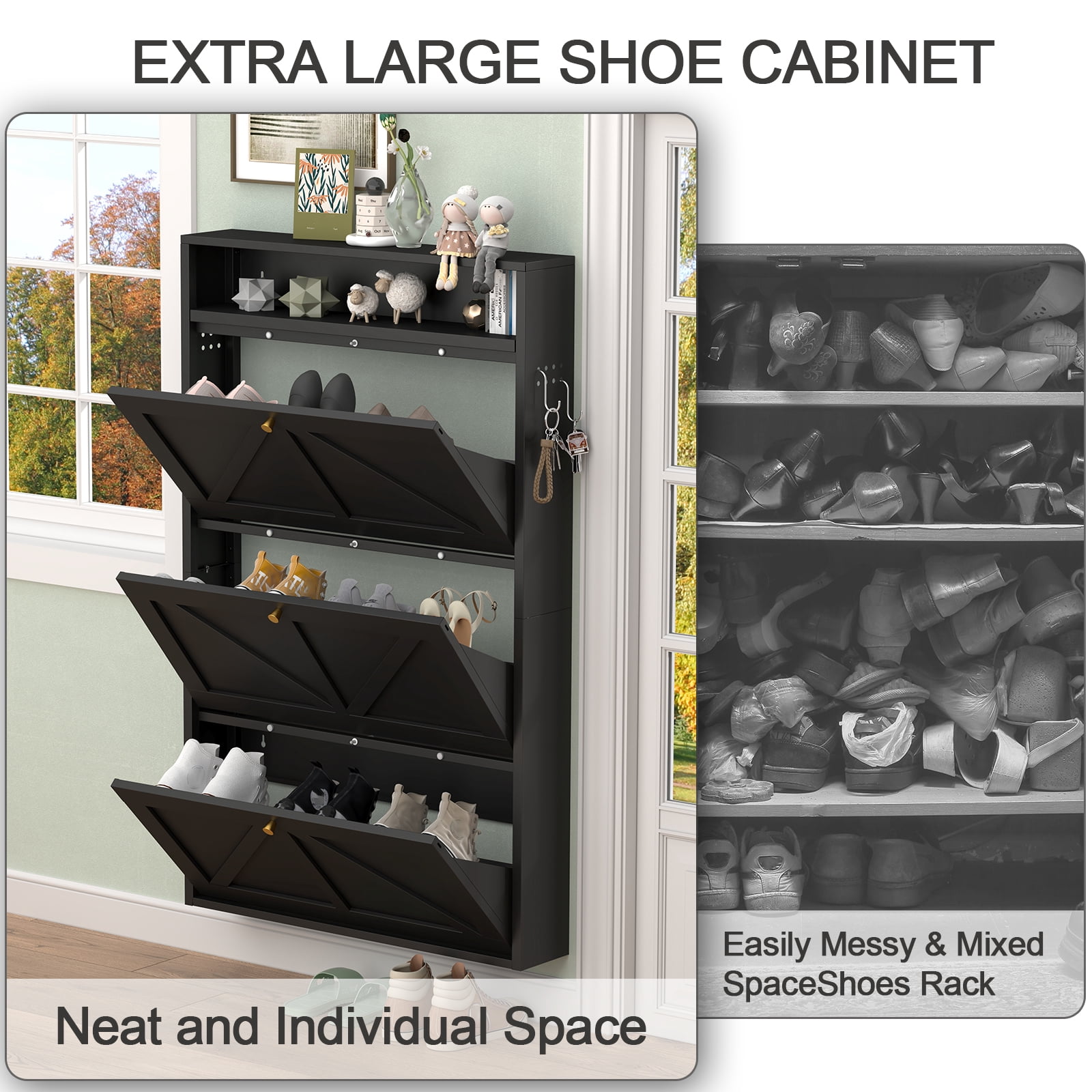 Aisword Modern Metal Shoe Cabinet with 3 Flip Drawers & Open Shelf,Narrow Slim Wall-Mounted Hidden Shoe Organizer Shoe Rack for Entryway,Black