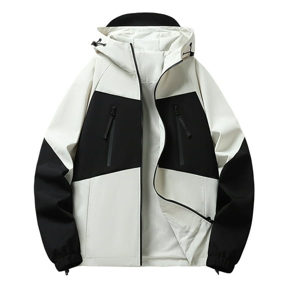 SGFCWSX Waterproof Jackets for Men Windproof Streetwear Outdoor Color Block Hooded Oversized Rain Coat White Size L
