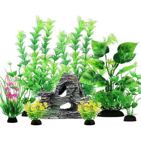 Fish Tank Accessories Artificial Plants, 9pcs Green Aquarium Decorations Plants and Cave Rock Decor Set, Aquarium Decor Plastic Plants
