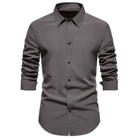 Lovskoo 2024 Men's Business Dress Shirts Casual Fashion Turn-Down Collar Button Long Sleeve Shirt Blouse Gray
