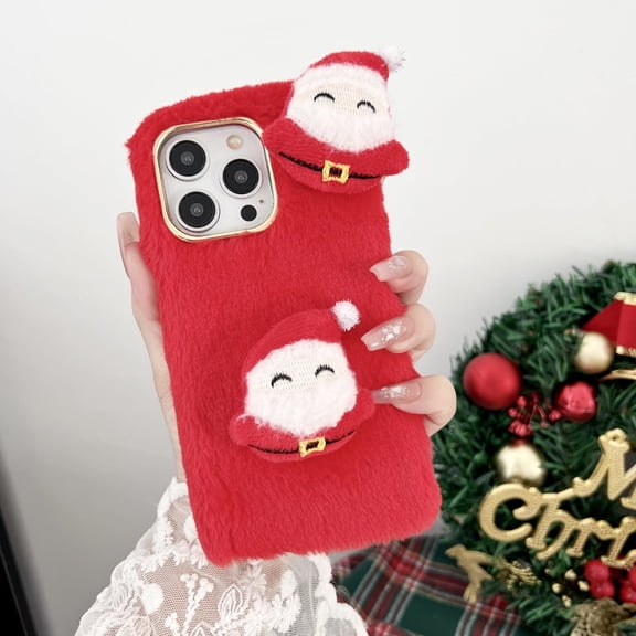 Fluffy Phone Case for iPhone 15 Pro, Stylish Christmas Doll Warm Smooth Faux Fur Cover TPU Soft Drop Protective Anti-Shock Case Cover for Women Girls for Winter for iPhone 15 Pro, Red