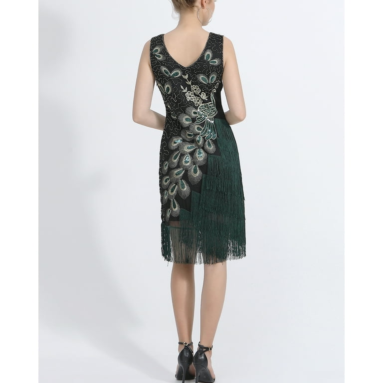 Whitewed Roaring 20S Evening Dress Women 1920s Flapper Dress Vintage V-Neck Peacock Adult, Women's, Black