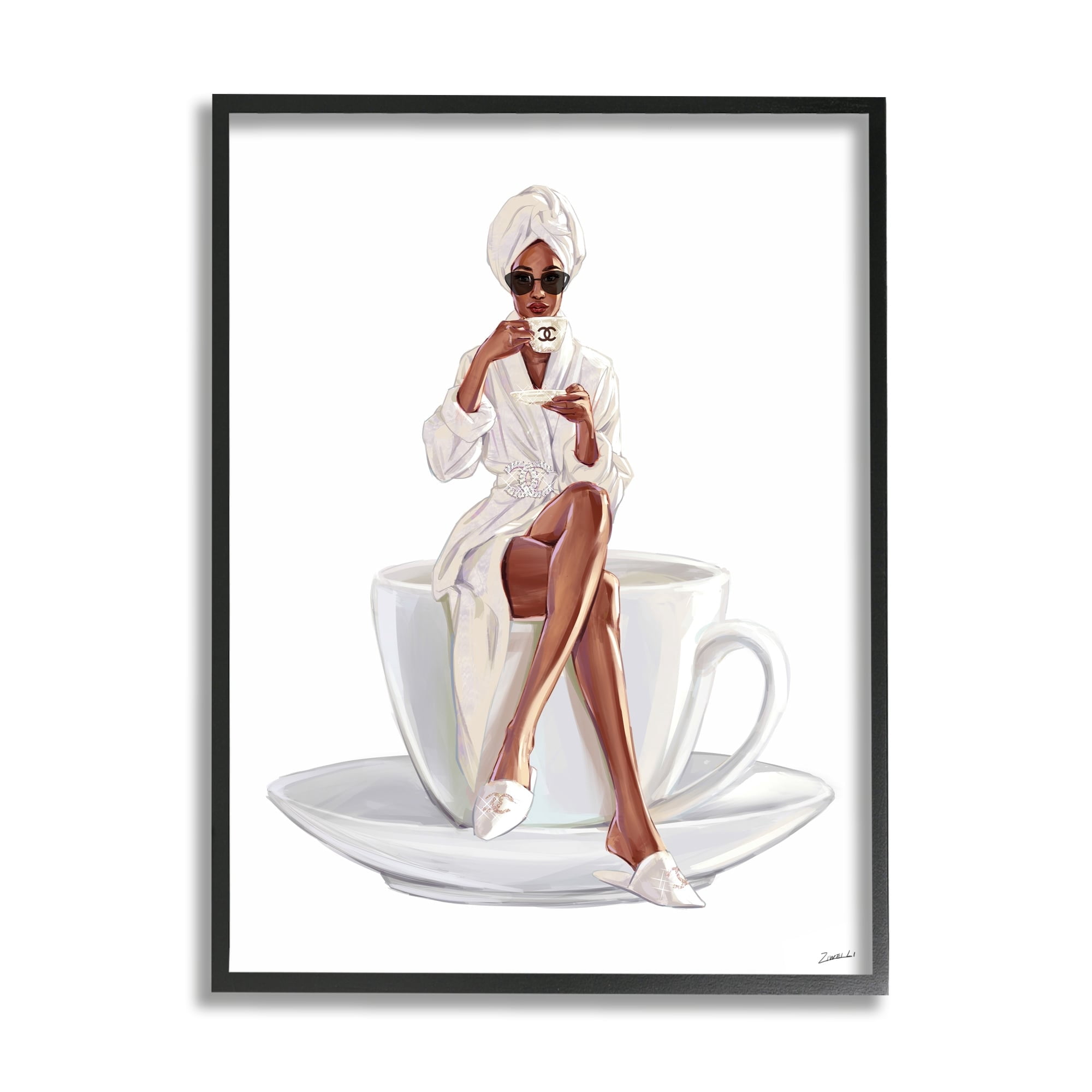 Stupell Industries Chic Coffee Teacup Woman Sipping Robe Sunglasses Framed Wall Art, 24 x 30, Design by Ziwei Li