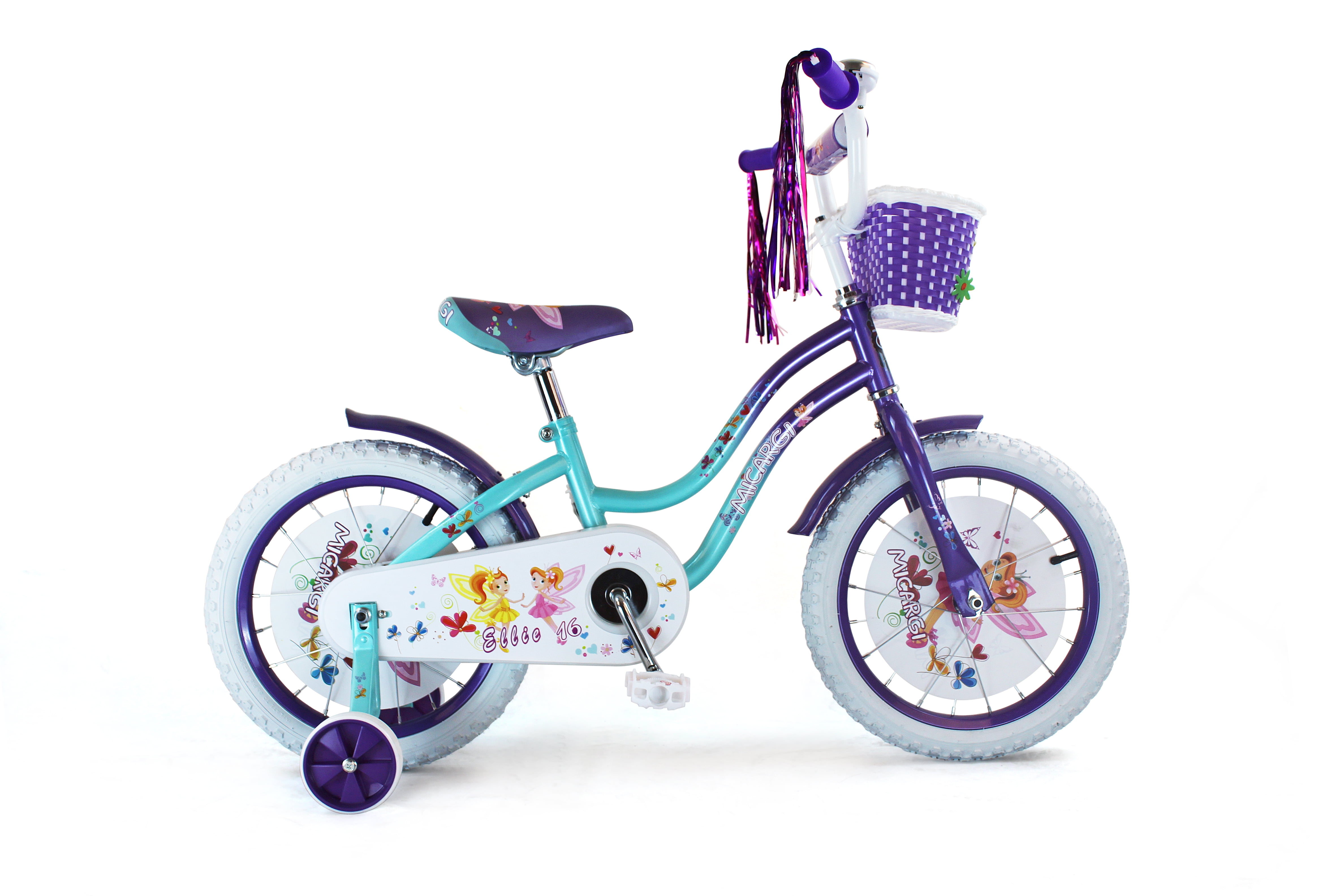 PlayWorld 16" Cruiser Steel Frame Bicycle Coaster Brake One Piece Crank, White Full cover Chain cover, Purple Baskets, Fenders & Rims, White Tire, Frame Kid's Bike - Baby Blue/Purple