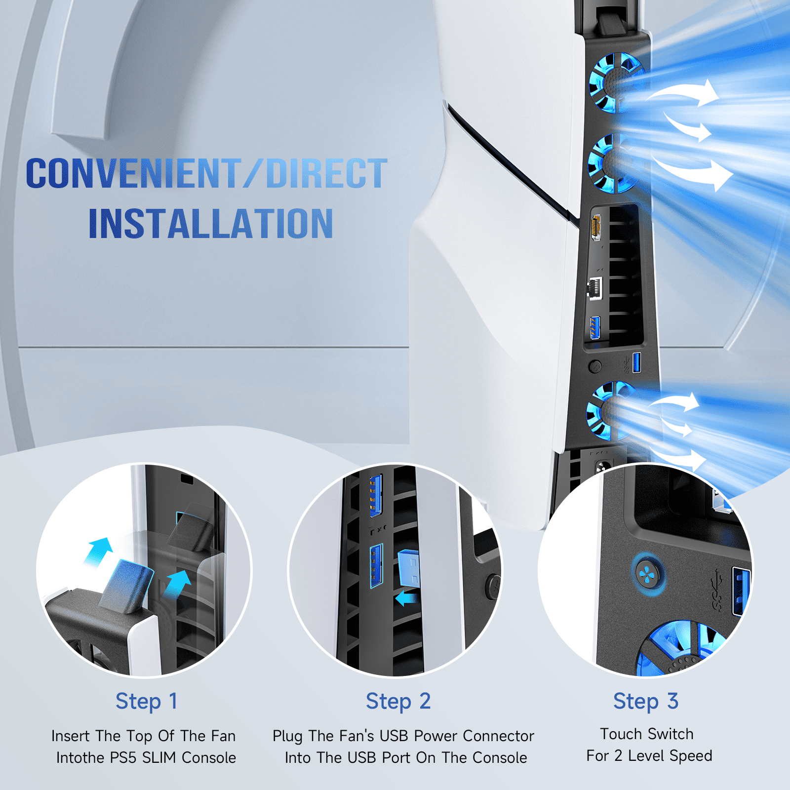 PS5 Slim Cooling Fan,Cooling System for PS5 Slim Digital/Discs Edition with 3 Fans/USB 3.0 Port,PS5 Slim Cooler Accessories with LED Light,Not for PS5 2020 and PS5 Pro thumbnail 4