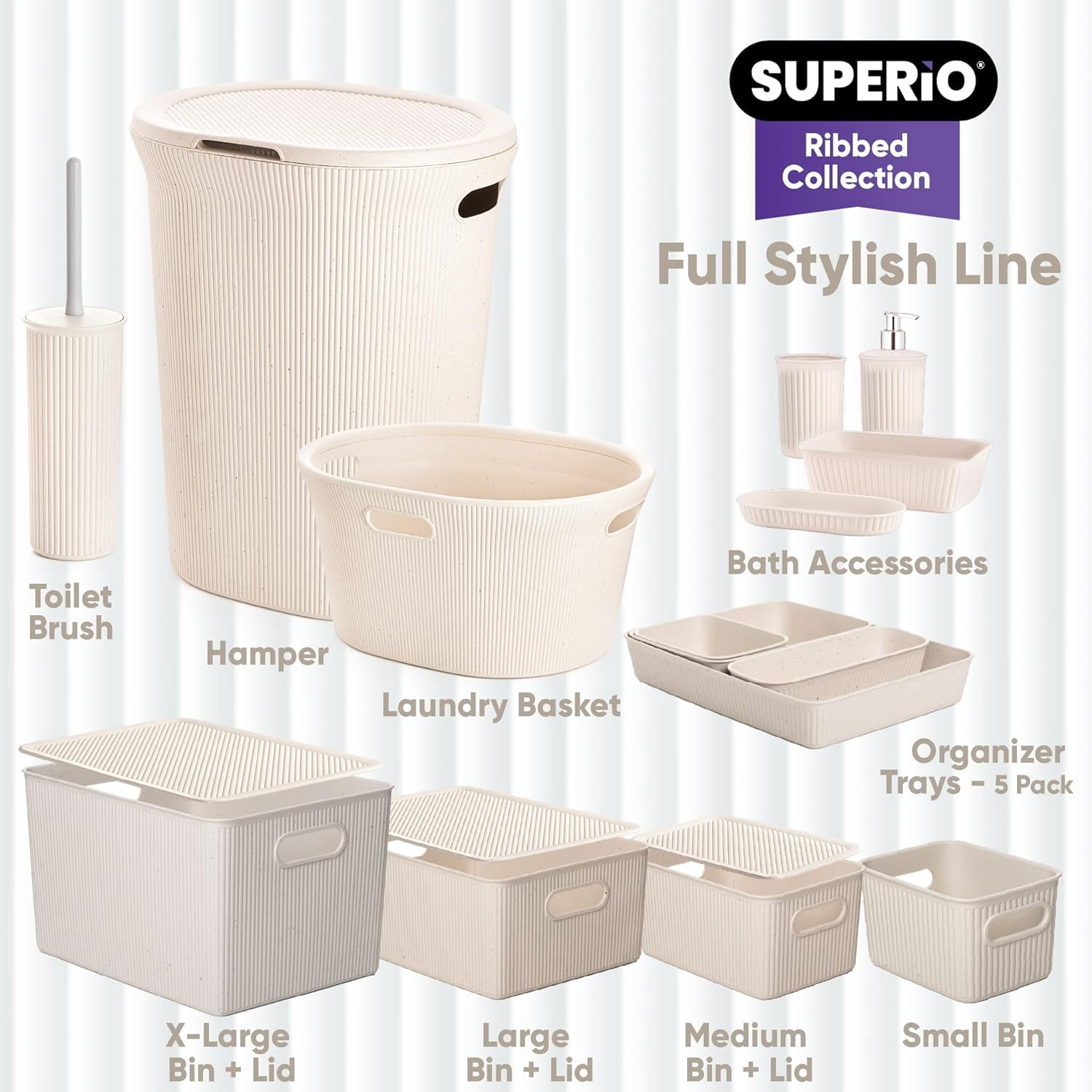 Superio Ribbed Collection - Eco-Friendly Decorative Plastic Laundry Basket with Cut-Out Handles, (1 Pack) Hamper Organzier