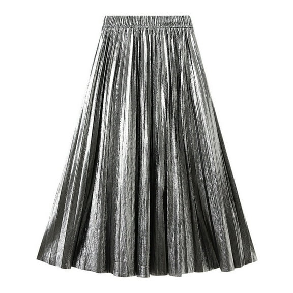 Ediodpoh Skirts for Women Fashion Casual Mid Length Skirt A-Line High Waisted Pleated Accordion Metallic Thread for Daily Wear Womens Skirts Midi Length Silver One Size