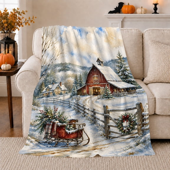Red Barn with Sleigh and Christmas Wreath, Peaceful Farmhouse Style for Holiday Lovers, Cozy Snowy Farm Scene, Flannel Blanket for Living Room and Bedroom, Christmas Gift and Farm Home Decor