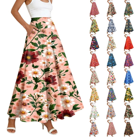 Maxi Skirts for Women Floral Casual Comfort A line Summer Skirts Bohemian High Waist Flowy Skirt with Pockets