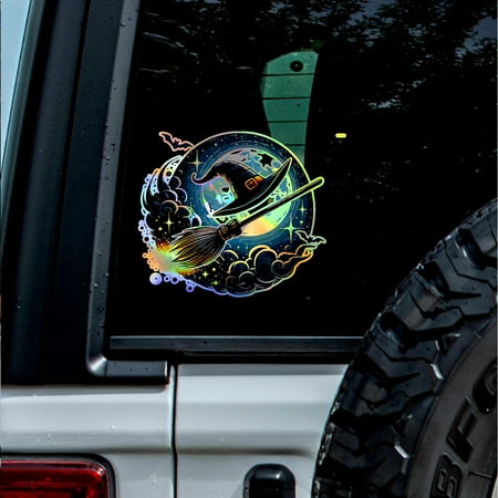 (2 Packs Holographic Effect 1 X 0.8 ) Sticker Of Witch’S Hat And Broom For Car Bumper Window Laptop Tumbler Jeep Truck Motorbike Helmet Door Wall For Indoor Outdoor Vehicles Kindleh836Bbl90624
