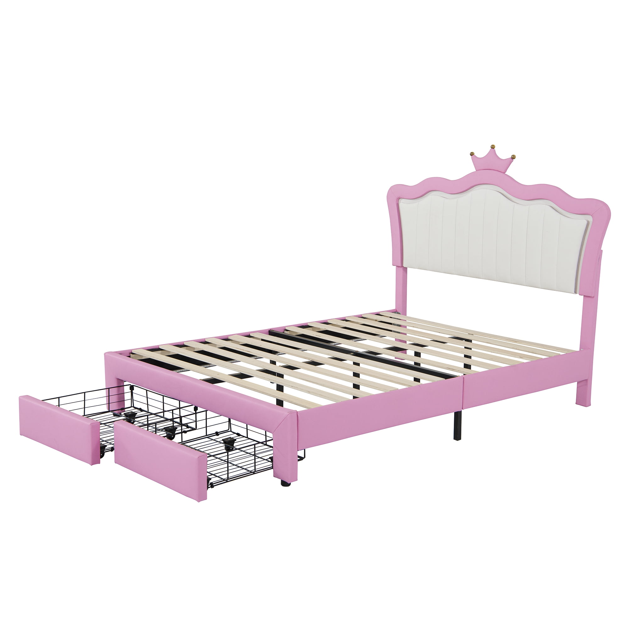 Miniyam Upholstered Full Size Bed with LED Lights, Crown Headboard for Kids, Pink