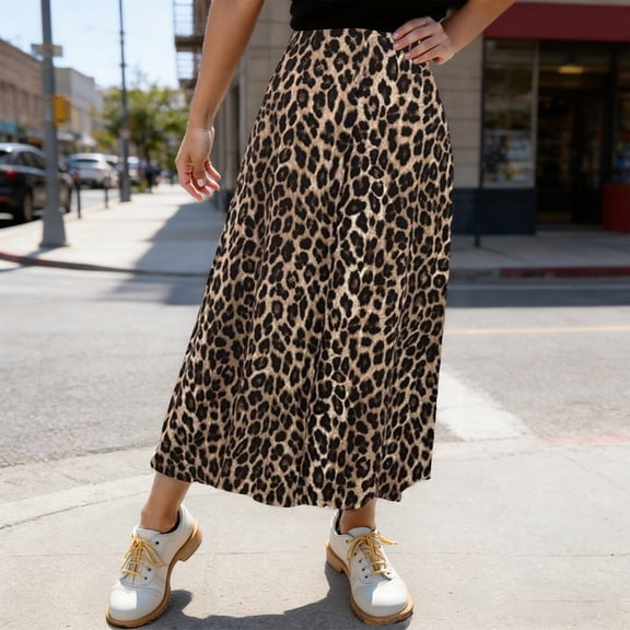 Satin Skirts for Women Leopard Print Skirt Flowy High Waist Summer Casual Elegant Party Wear Womens Maxi Skirt Beige L