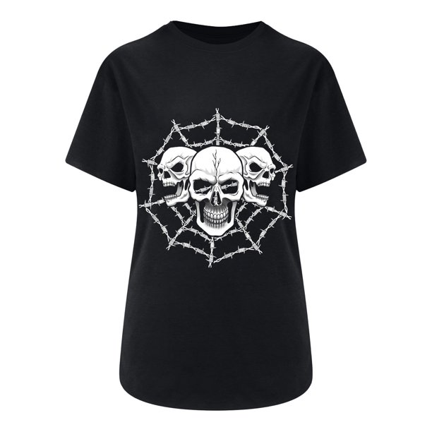 Mujeres Fahion Cuello redondo Mangas caídas Hombro Camiseta Estampado de calavera Blusa Túnica Tops Fridja zx1984