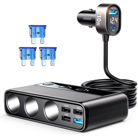 LAPTOM MAX 9-in-1 Car Cigarette Lighter Splitter with PD/QC 3.0 and USB Ports, Suitable for GPS, Dash Cam, Car Fridge, Heated Seats, and All 12V/24V Vehicles