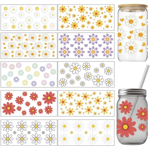 10 Sheets UV DTF Cup Wraps for 16 OZ Glass Cups 10 Styles Daisies Flowers Rub on Transfers PVC Transfer Stickers Waterproof Rub Decals for DIY Your Holiday Presents 1 Set