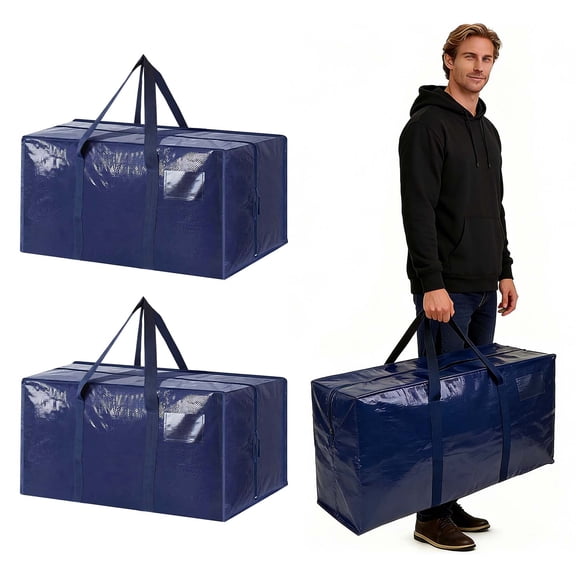 thovorrnl Extra Large Moving Bags, 2 pack Heavy Duty Storage Totes with Handles and Zipper for College Dorm, Seasonal Storage, Dark Blue