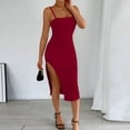 thumbnail image 5 of Qiopertar Women's Square Neck Spaghetti Strap Ruched Bodycon Midi Dress Cocktail Party Night Out Elegant Slit Sleeveless Fitted Solid Color, Wine S, 5 of 7