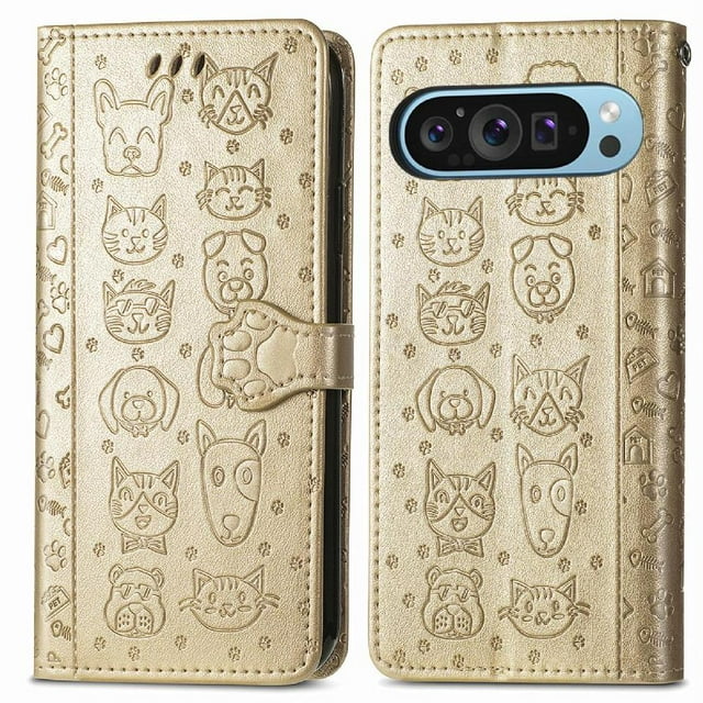 Étui à Rabat pour FOXDOCK Google Pixel 10/10 Pro, Étui à Rabat en Cuir PU Gaufré Chat et Chien avec Fentes pour Cartes, Support