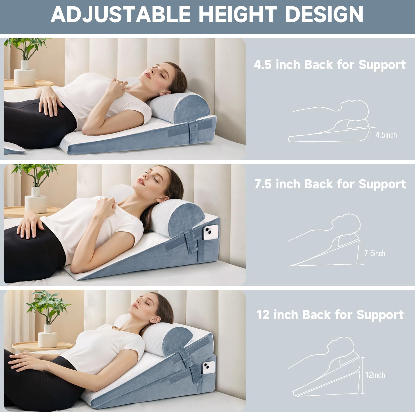Bed Wedge Pillow For Sleeping  3 Adjustable Height 4.5&7.5&12 Inch Triangle Acid Reflux (gray)