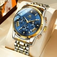 thumbnail image 3 of OLEVS Watches for Men, Mens Watches Quartz Gold Stainless Steel Waterproof Luminous Business Calendar Wrist Watch reloj para hombre Blue Dial, 3 of 11
