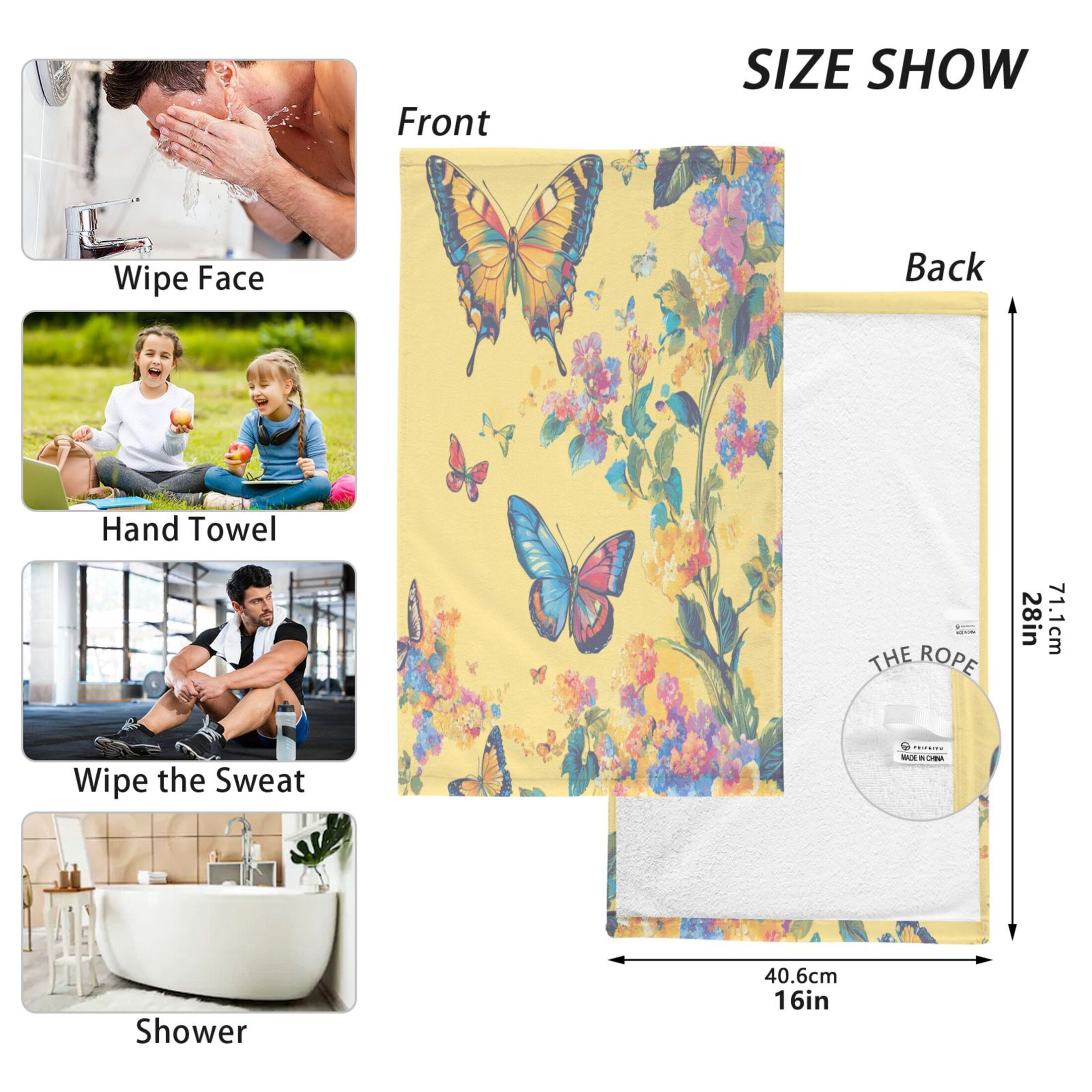 Cotton Towel Two-Piece 16x28 Inch One Sizex2 Face Towel Set Towel Set Cotton Hand Bath Towel Bathroom Beach Pale Yellow Rainbow Butterfly