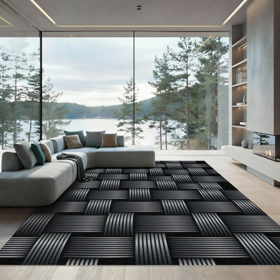 ODIKA 4'x6' Machine Washable Non-Slip Area Rug, Geometric Black High Traffic Rug, Black, 1245036