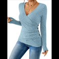 thumbnail image 3 of Camisa de Larga para Mujer, Cuello en V, Punto Acanalado, Suéter Ajustado con Botones, Blusa Informal de Trabajo para Otoño Azul L, 3 of 9
