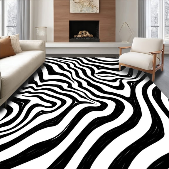 ODIKA 4'x6' Machine Washable Non-Slip Area Rug, Striped Animal Print Abstract Design High Traffic Rug, Black, 324933