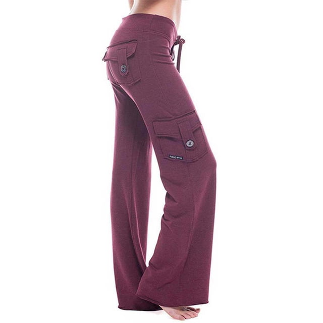 pitrice Automne Femmes Pantalons de Yoga Élastiques Course Jogging Exercice Simple Pantalon de Jambe Droite avec Poches Vêtements de Sport Vin Rouge