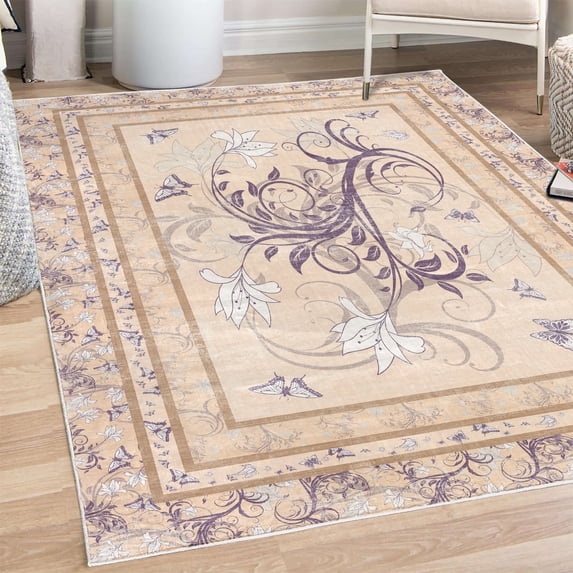 Spring Decorative Rug, Swirling Floral Look Design of Blossoming Flowers and Flying Butterflies, Quality Carpet for Bedroom Dorm and Living Room, 6 Sizes, Champagne Ecru Quartz, by Ambesonne