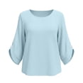 thumbnail image 6 of KTFgvq Women's Scoop Neck 3/4 Sleeve Blouses, Relaxed Fit Casual Tops, Solid Color Tees, Lightweight Linen for Vacation, Summer, Light Blue L, 6 of 7