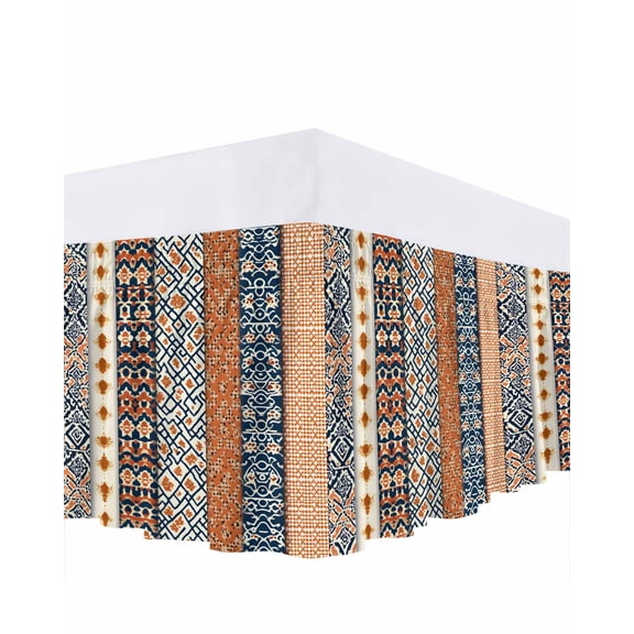 Bohemian Orange Bed Skirt California King Size 16" Drop Floral Geometric Texture Retro Ethnic Art Ruffled Wrap Around Bed Skirts Adjustable Elastic Bedskirt Dust Ruffle for California King Size Bed