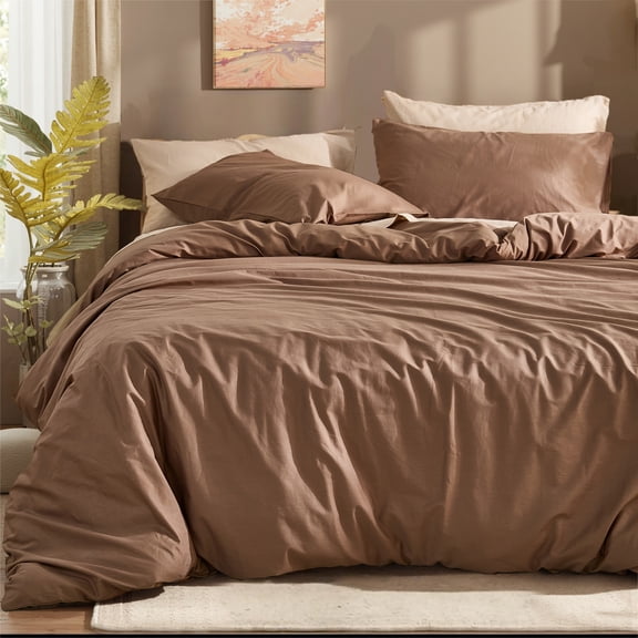 100% Cotton Comforter Set – Dark Brown, Linen-Like Texture, Super Soft & Breathable Lightweight Bedding Set, 3-Piece Durable Percale Comforter for All Seasons