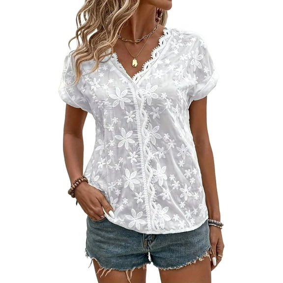 Women'S Short Sleeve Tops V Neck Embroidery Eyelet Blouse Shirts White M
