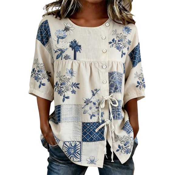 Kezqiaxn Plus Size Tunic Tops for Women Drawstring 3/4 Sleeve Crew Neck Button Up Shirt Business Dressy Work Blouses