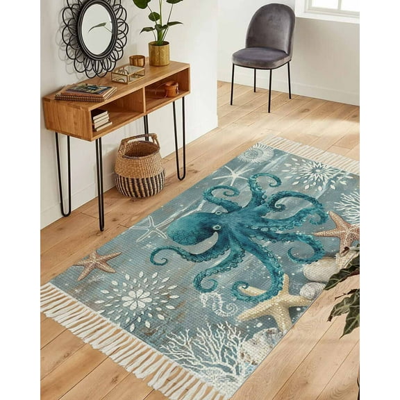 Teal Coastal Octopus Area Rug 3x5ft Woven Runner Rug,Nautical Starfish Coral Beach Washable Living Room Hallway Bedroom Kitchen Carpet with Tassels,Indoor Outdoor Throw Door Mat for Entryway