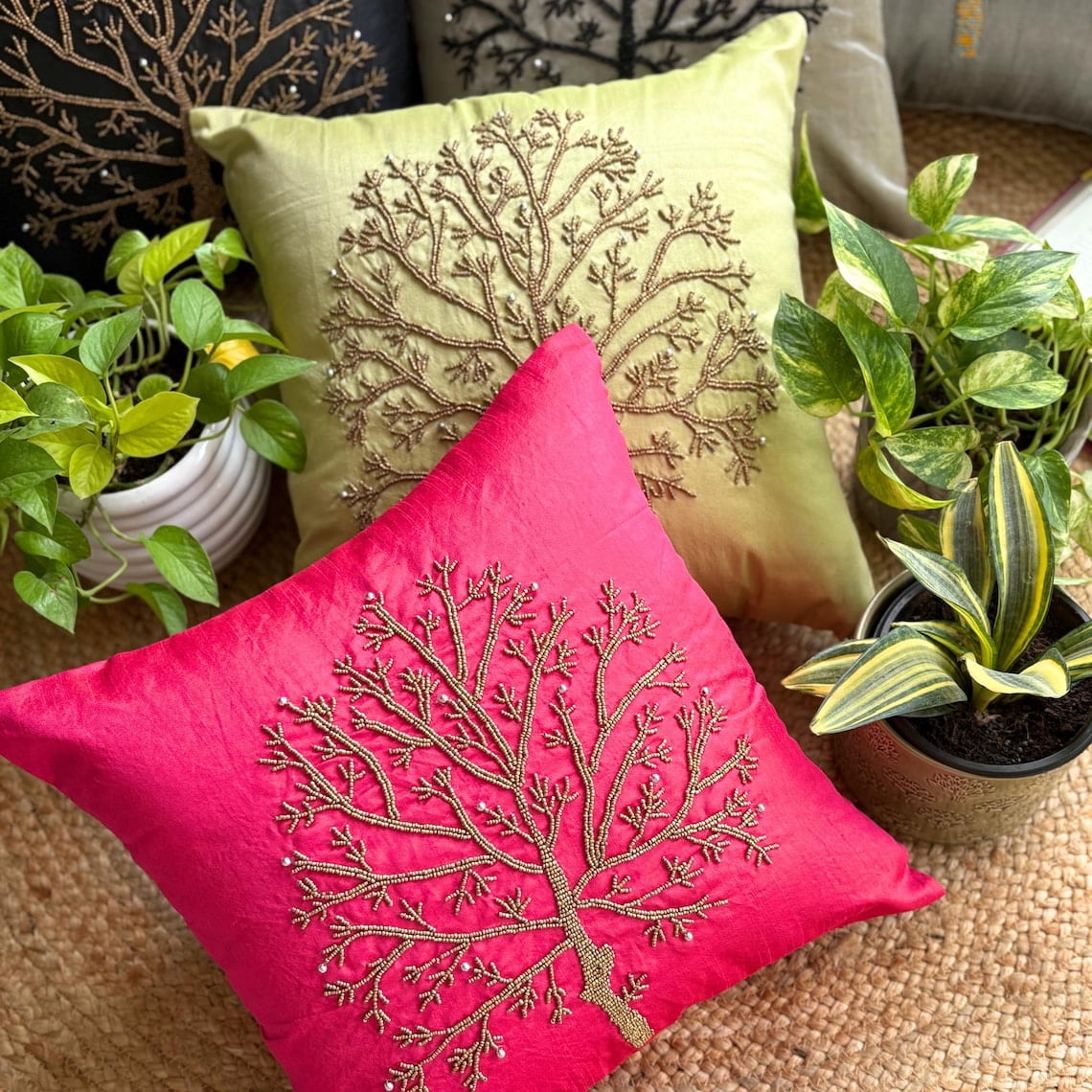 Euro Pillow, Decorative Green Euro Pillowcases 26x26 inch (65x65 cm), Silk Euro Pillow Covers, Nature & Floral, Beaded Tree, Modern Euro Sham Covers - Tree Of Life