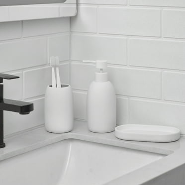 Mainstays Ceramic Stoneware Bath Accessories 3-Piece Set, White – Soap Pump Dispenser, Tumbler, and Accessory Tray