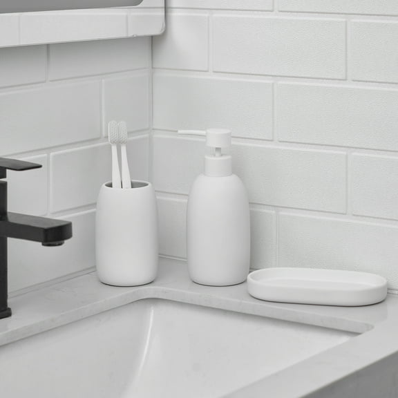 Mainstays Ceramic Stoneware Bath Accessories 3-Piece Set, White – Soap Pump Dispenser, Tumbler, and Accessory Tray