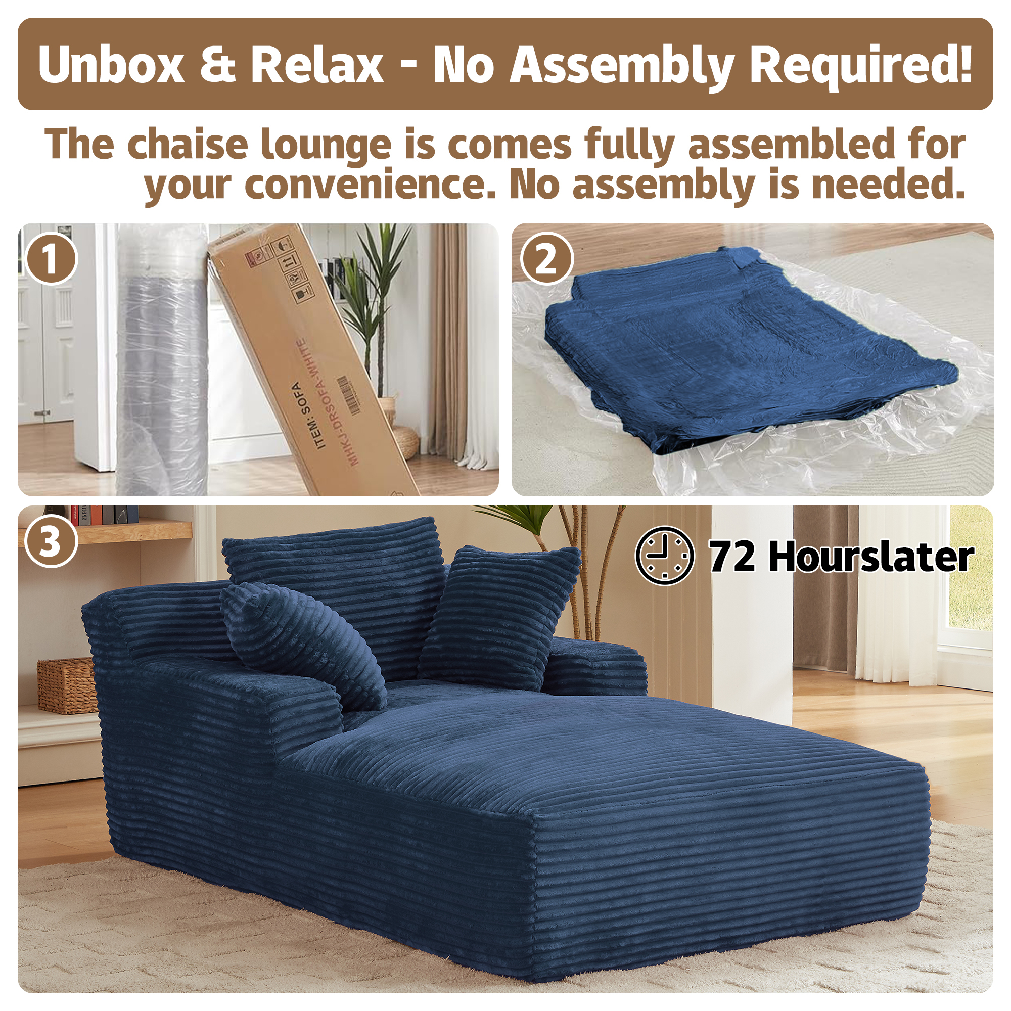 Kosynda Extra-long 79" Chaise Lounge Chair Indoor, Corduroy Upholstered Modern Sofa Couch with Pillows for Living Room, Office, No Assembly Required, Blue