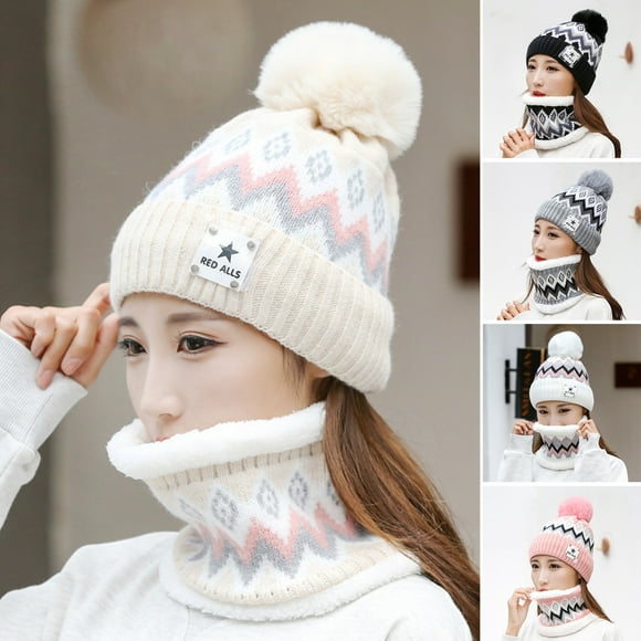 Sarkoyar 2Pcs/Set Women Hat Neck Warmer Knitted Star Label Geometry Pattern Pompom Stretchy Ear Head Neck Protection Thickened Winter Thermal Beanie Cap Scarf Kit for Riding